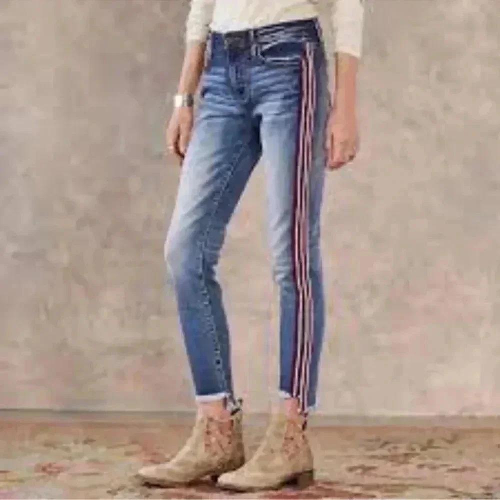 Free People Driftwood Jackie Stripe High Rise Denim Blue Jeans Size 27